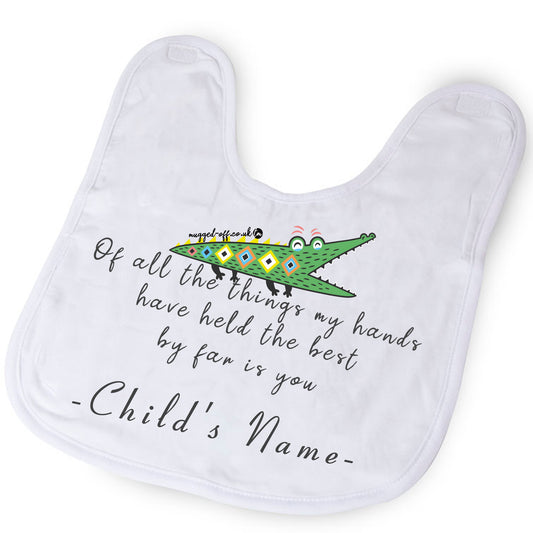 Personalised named baby bib with crocodile design and sweet quote, white