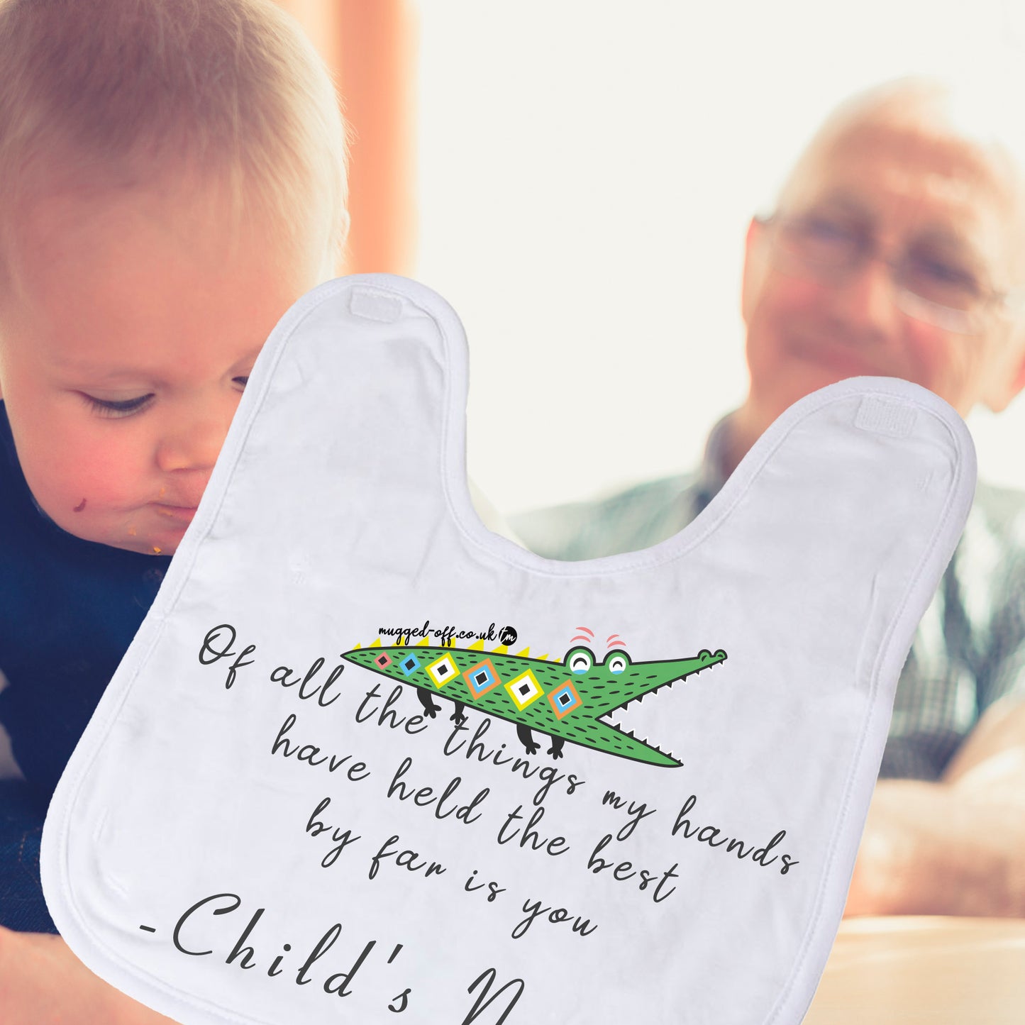 Personalised named baby bib with crocodile design and sweet quote, white