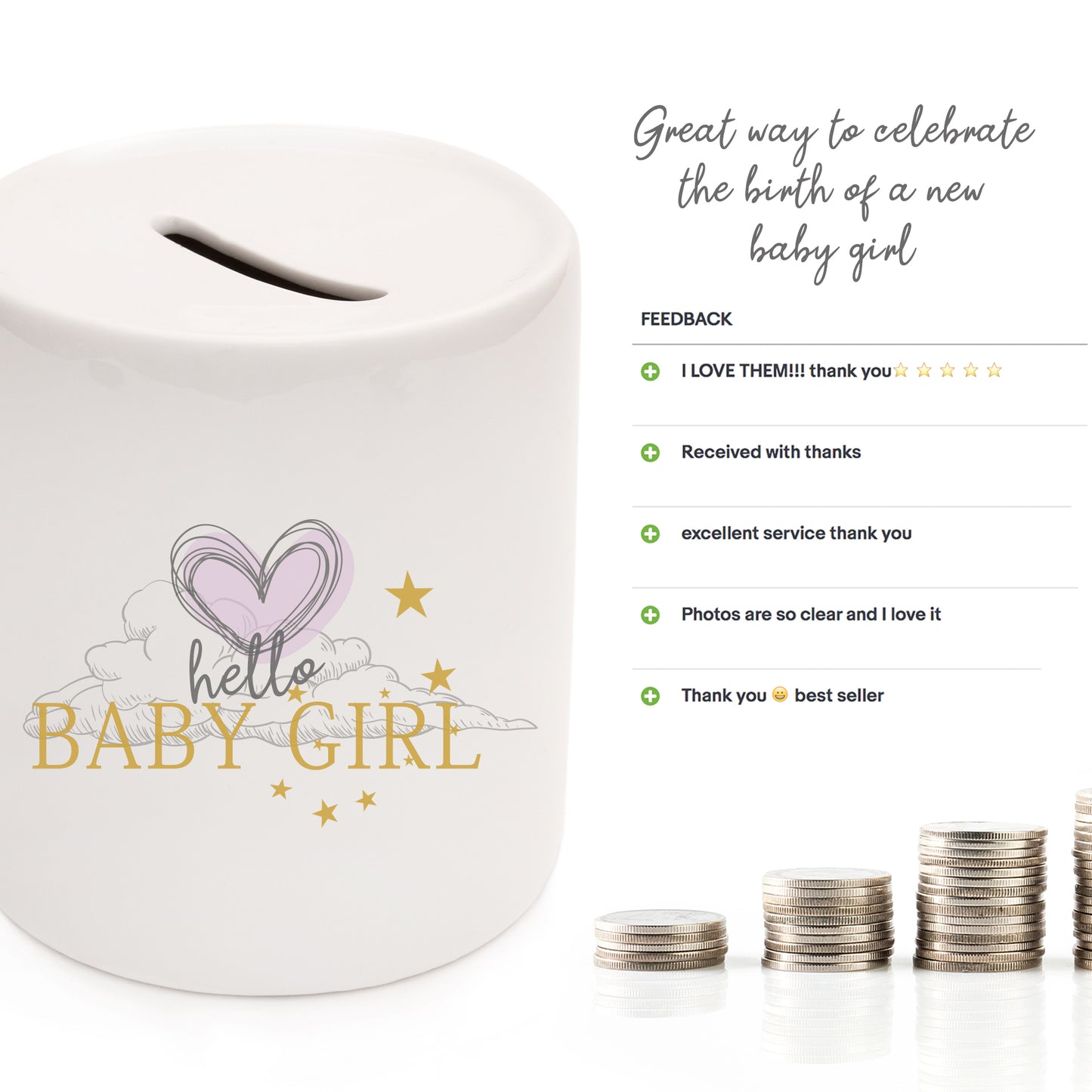 Money box, gift for birth of a baby girl piggy bank