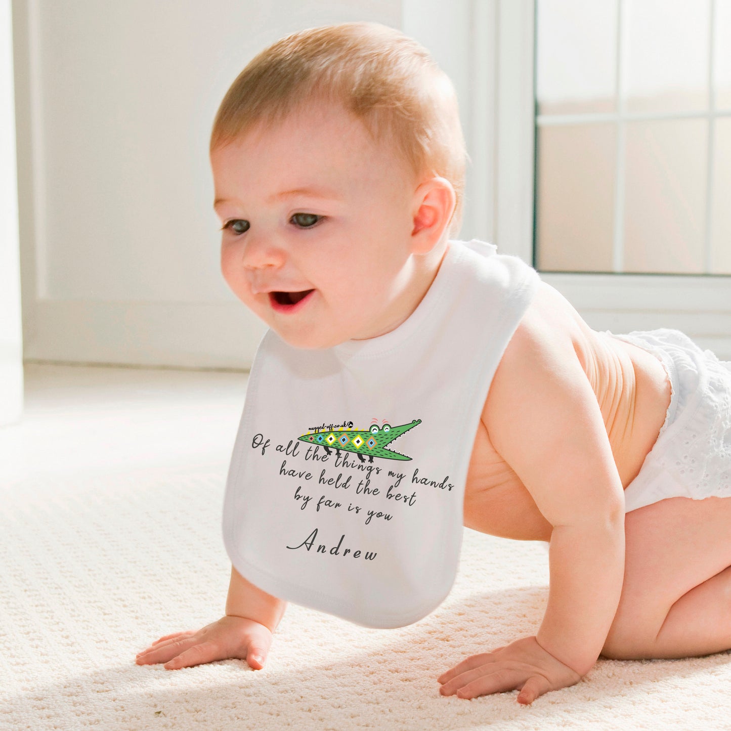Personalised named baby bib with crocodile design and sweet quote, white