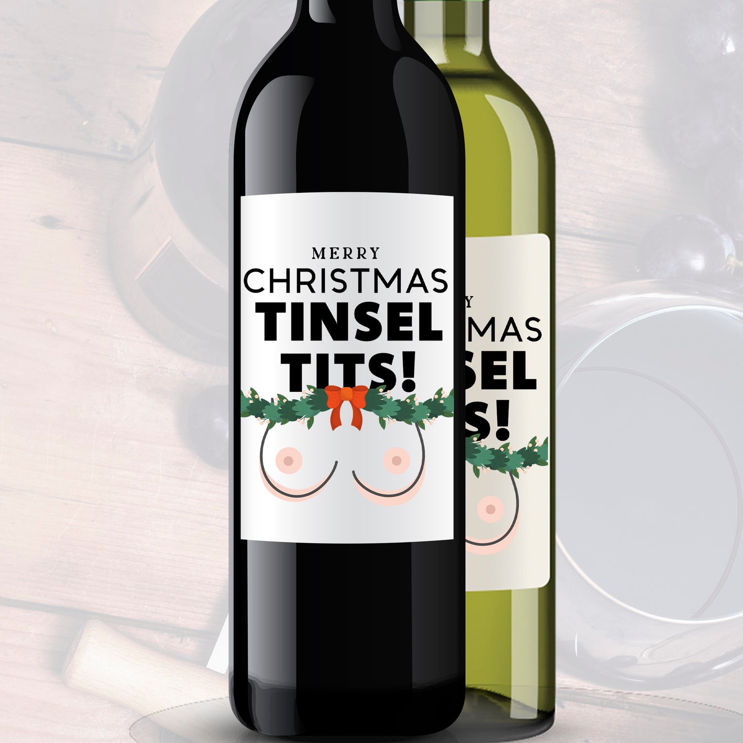 Funny Rude Wine Gin Vodka Bottle Labels - Secret Santa Gift Merry Xmas Tinsel T*ts Pack of 3 Wine Bottle Labels