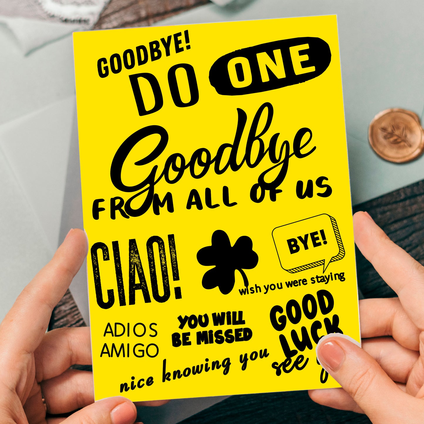 Leaving Card With Funny Messages Written Over It Farewell Card, Goodbye Greeting Card, Yellow and White A5