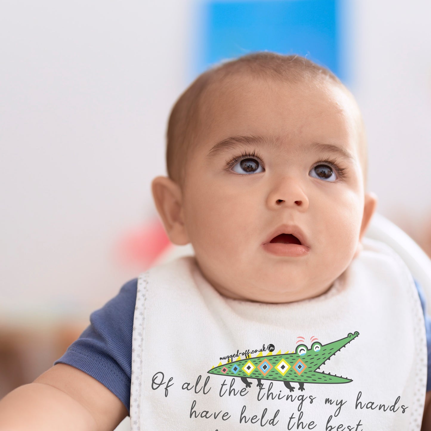 Personalised named baby bib with crocodile design and sweet quote, white