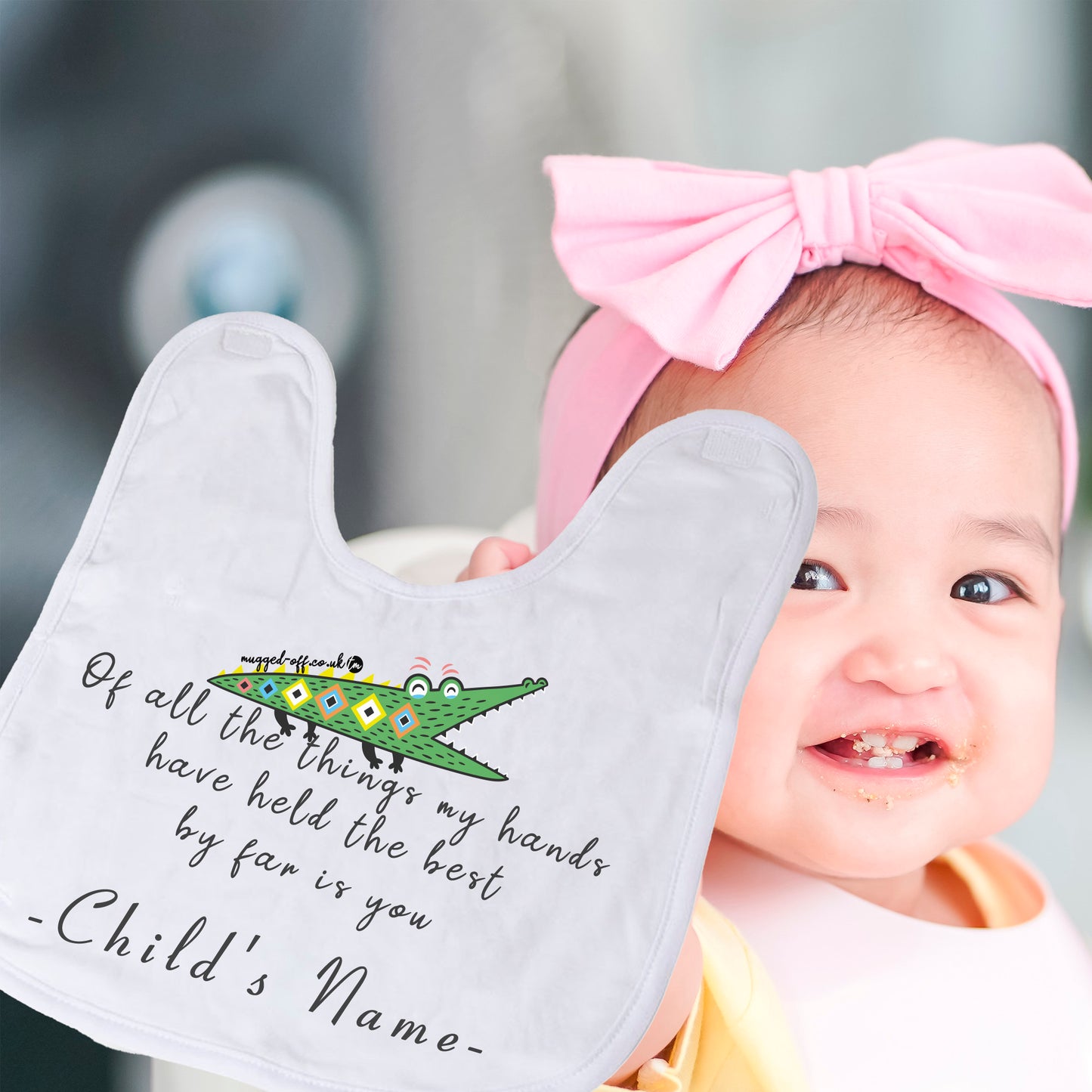 Personalised named baby bib with crocodile design and sweet quote, white