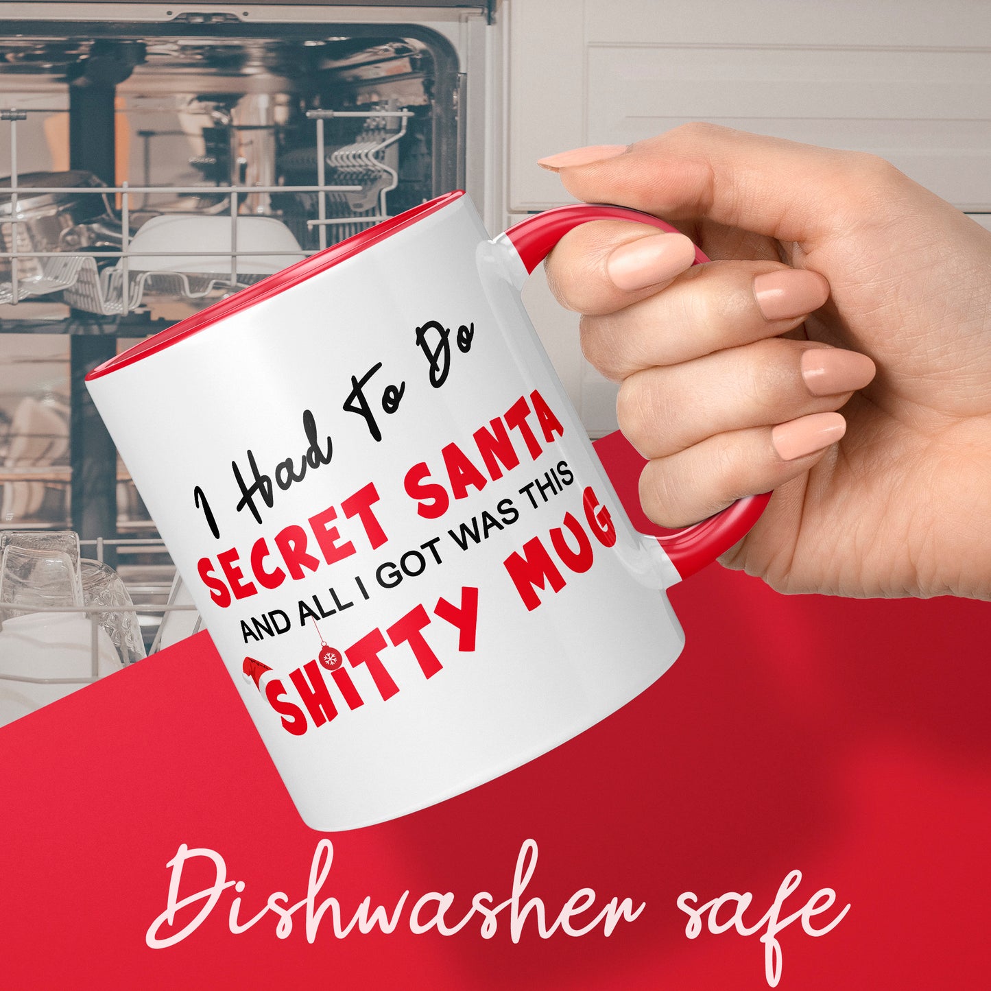 Rude Secret Santa Gift Mug, Red and White, 'I Had To Do Secret Santa And All I Got Was This Sh*tty Mug'