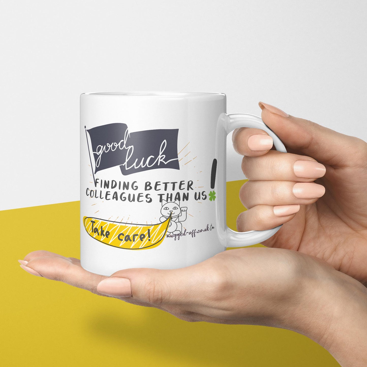 funny leaving gift mug for workers or colleagues, good luck joke mug