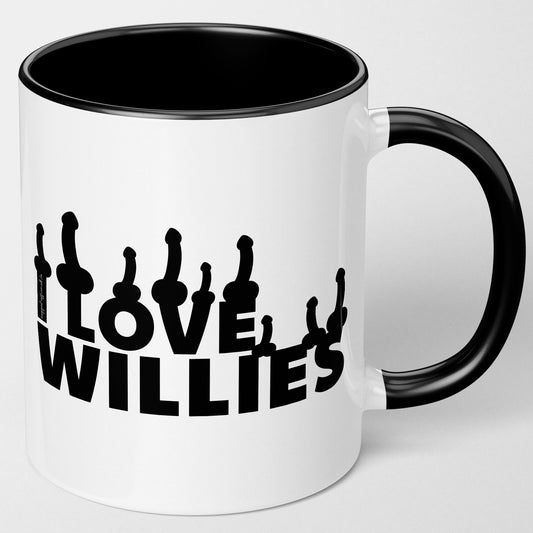 Novelty Mug with 'I Love Willies' Text, Black and White