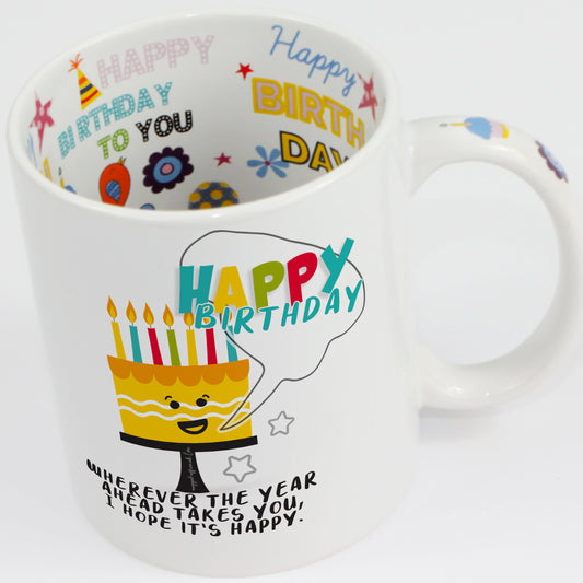 Happy birthday mug, design on both inside and out of mug