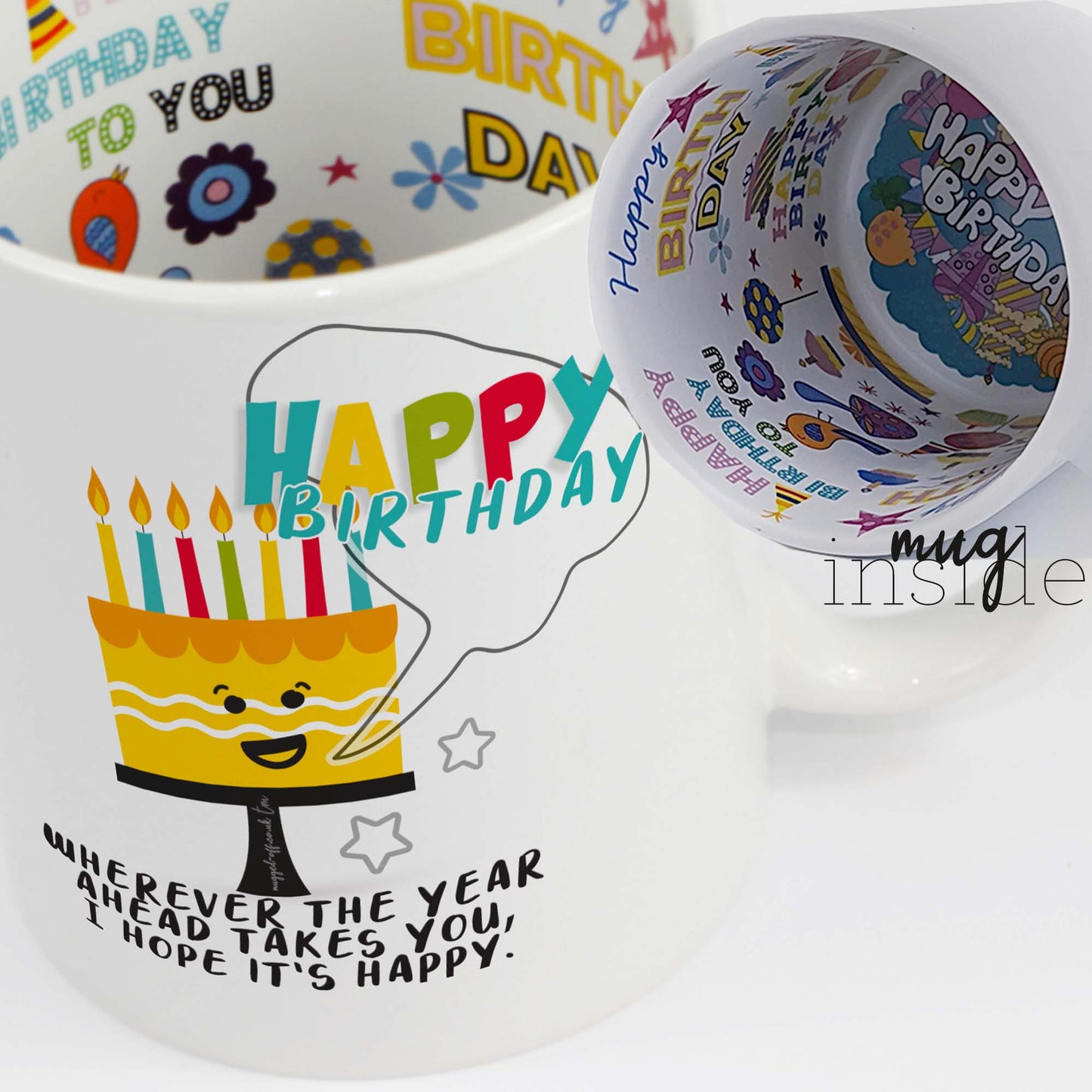 Happy birthday mug, design on both inside and out of mug