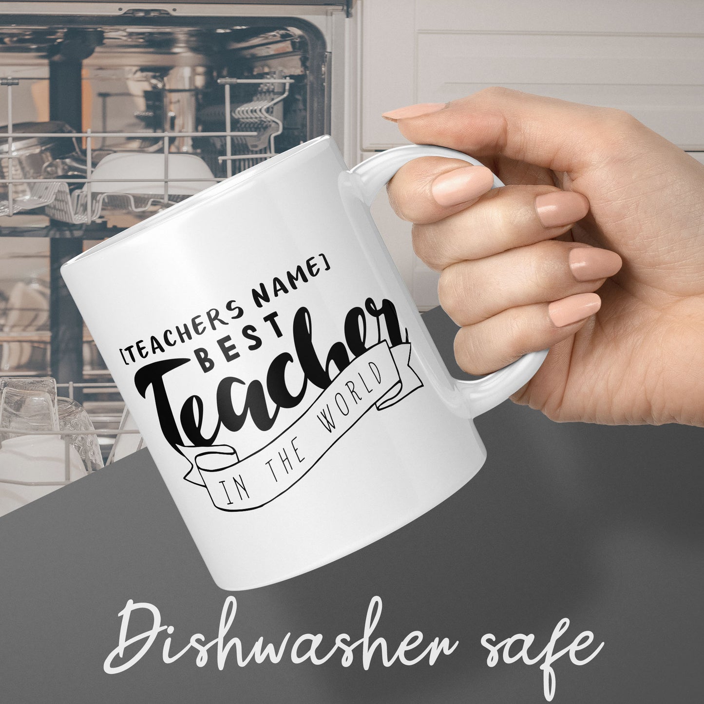 Personalised Teacher Appreciation Coffee Mug, Best Teacher in The World Design, Dishwasher Safe, White Ceramic