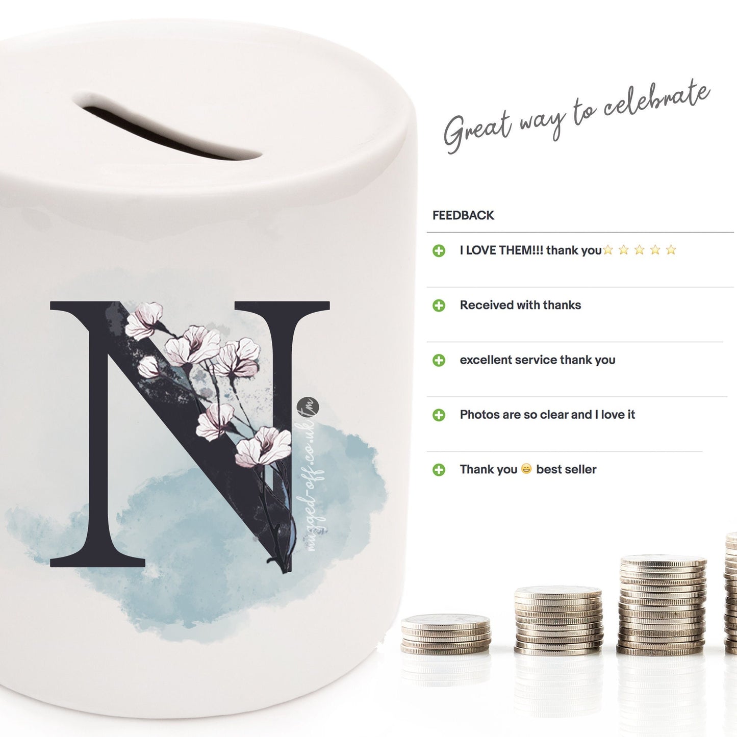 Initial Letter Personalised gift ceramic money box piggy bank Floral Initial Letter Christmas Birhtday Gifts