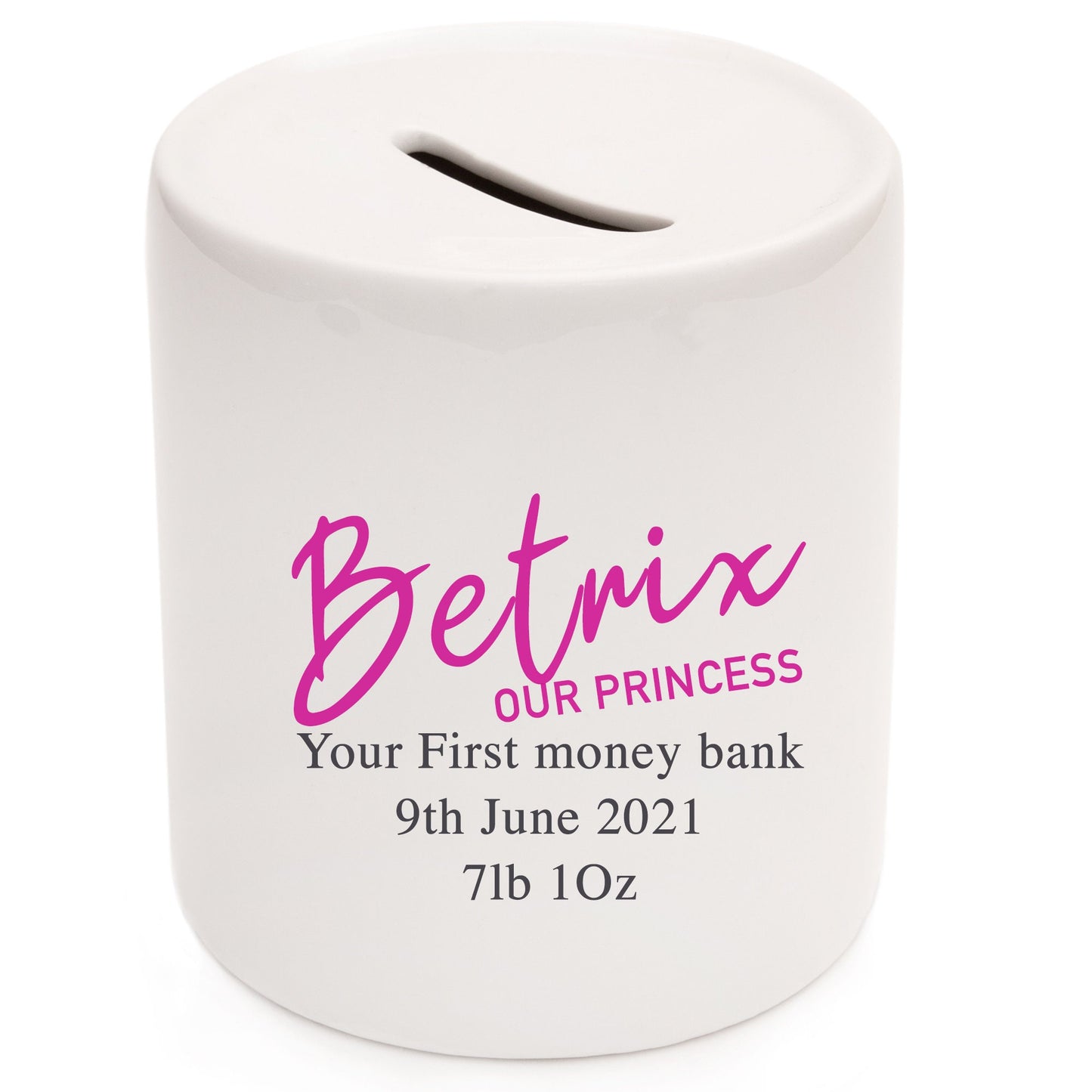 Personalised gift ceramic money box piggy bank 5x text lines example - Name, message, your text you wish to have Christmas Birthday Gifts
