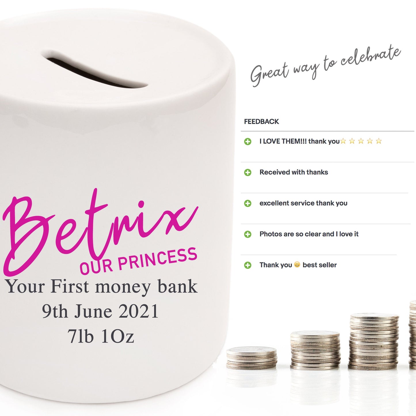 Personalised gift ceramic money box piggy bank 5x text lines example - Name, message, your text you wish to have Christmas Birthday Gifts